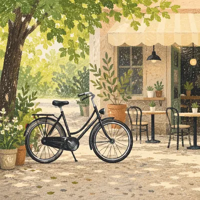 Sunny Morning Bicycle Outside Neighborhood Cafe