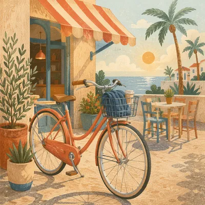 Sunny Morning Bicycle Outside Coastal Cafe