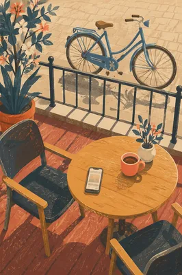 Sunny Cafe Terrace With Parked Bicycle