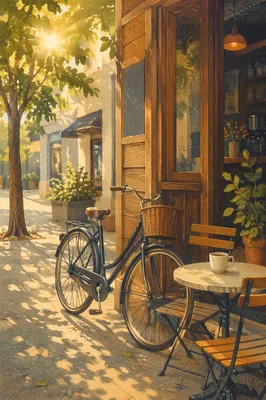 Sunny Morning Bicycle Outside Neighborhood Cafe