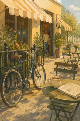 Sunny Morning Bicycle Outside Neighborhood Cafe