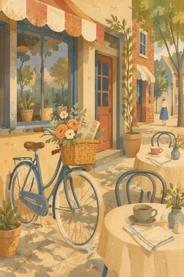 Sunny Morning Bicycle Outside Cozy Cafe