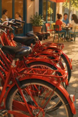 Red Bicycles Outside Cafe at Sunrise