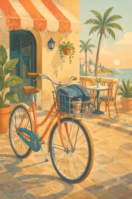 Sunny Morning Bicycle Outside Coastal Cafe