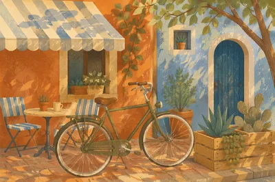 Sunny Cafe Morning With Vintage Bicycle