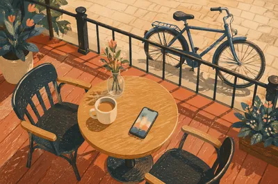 Sunny Cafe Terrace With Parked Bicycle