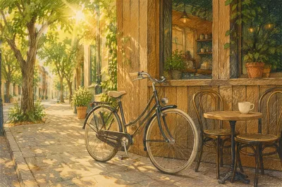Sunny Morning Bicycle Outside Neighborhood Cafe