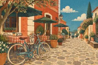 Sunny Cafe Morning with Vintage Bicycle
