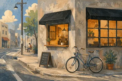 Sunny Morning Bicycle Outside Neighborhood Cafe
