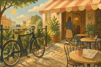 Sunny Morning Bicycle Outside Neighborhood Cafe