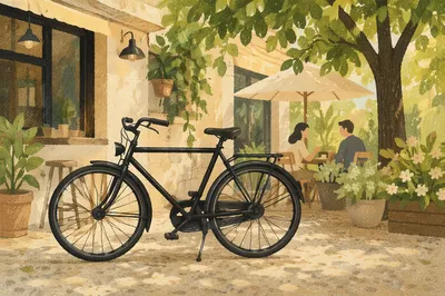 Sunny Morning Bicycle Outside Neighborhood Cafe