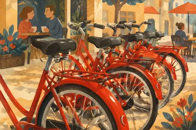 Red Bicycles Outside Cafe on Sunny Morning