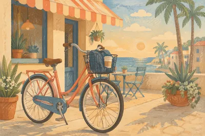 Sunny Morning Bicycle Outside Coastal Cafe