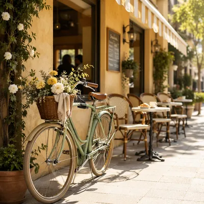 Vintage Bicycle Outside Sunny Sidewalk Cafe