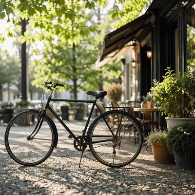 Black Bicycle Outside Neighborhood Cafe Morning