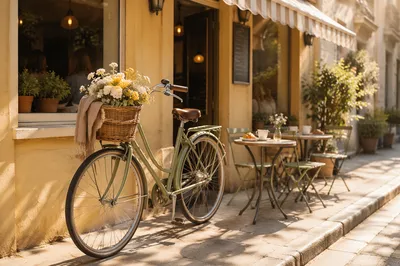 Vintage Bicycle Outside Sunny Sidewalk Cafe