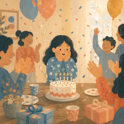 Cozy Birthday Celebration with Balloons and Confetti