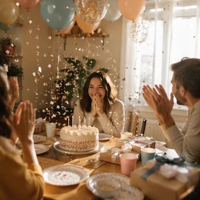 Cozy Birthday Celebration with Balloons and Confetti