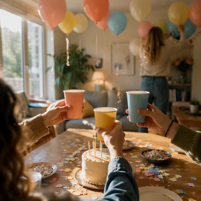 Cozy Birthday Celebration with Balloons and Confetti