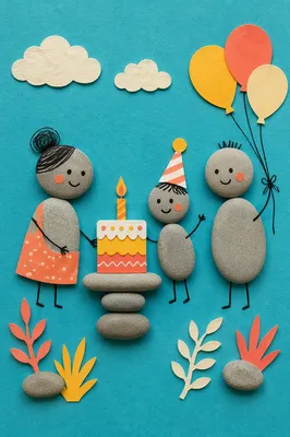 Whimsical Pebble Family Birthday Celebration Flat Lay