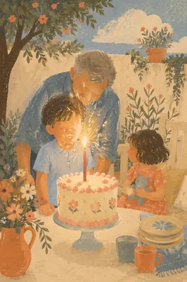 Family Birthday Cake Celebration on Patio