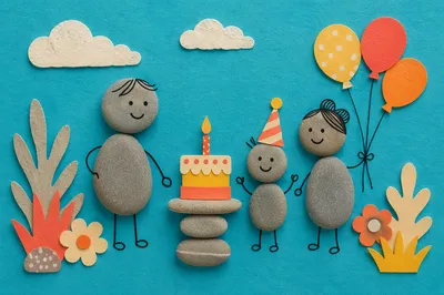 Whimsical Pebble Family Birthday Celebration Flat Lay