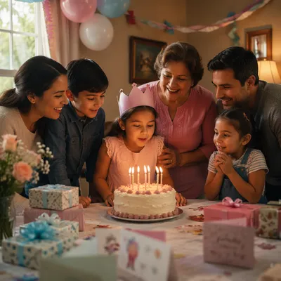 Family Birthday Celebration with Cake Candles