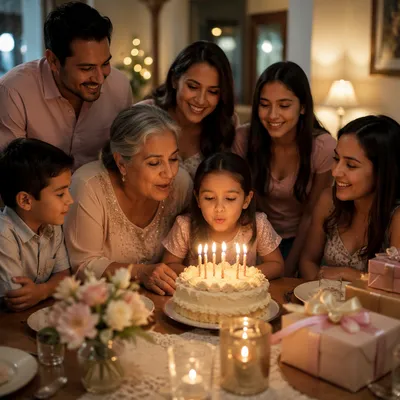 Family Birthday Celebration Around Candlelit Cake