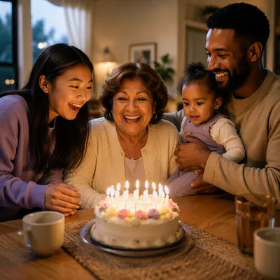 Family Birthday Celebration Around Candlelit Cake