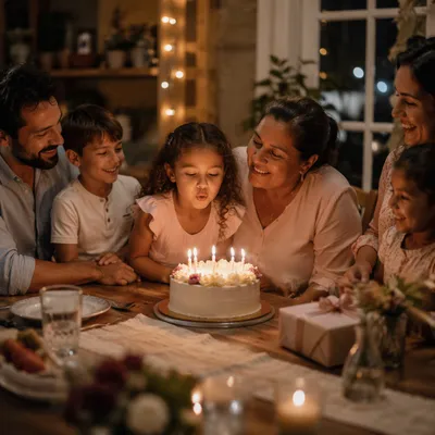 Family Birthday Celebration Around Candlelit Cake