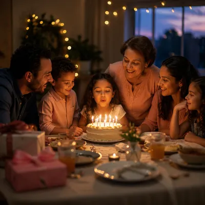 Family Birthday Celebration Around Candlelit Cake