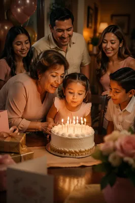 Family Birthday Cake with Lit Candles