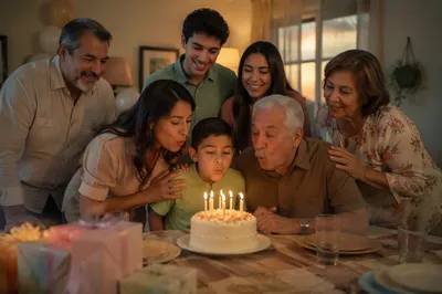 Family Birthday Celebration Around Candlelit Cake