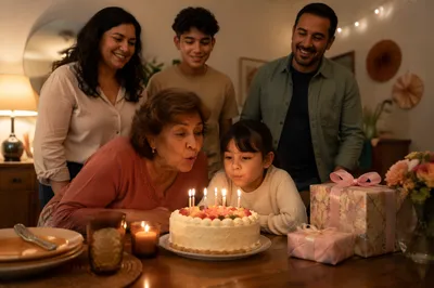 Family Birthday Celebration Around Candlelit Cake