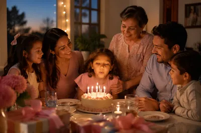 Family Birthday Celebration Around Candlelit Cake