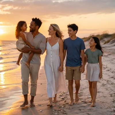 Blended Family Walking on Beach at Sunset