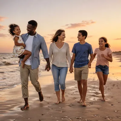 Blended Family Walking on Beach at Sunset