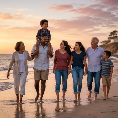 Multigenerational Family Walking on Beach at Sunset
