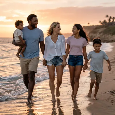 Multigenerational Family Walking on Beach at Sunset