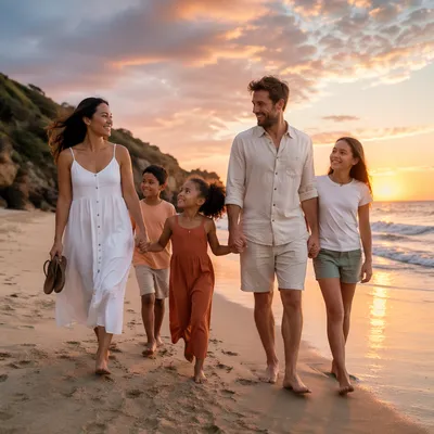 Family Walking on Beach at Sunset