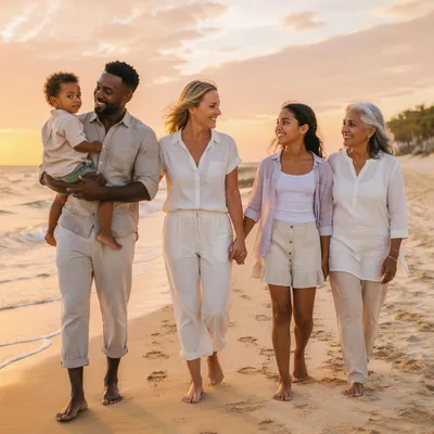 Multigenerational Family Walking on Beach at Sunset