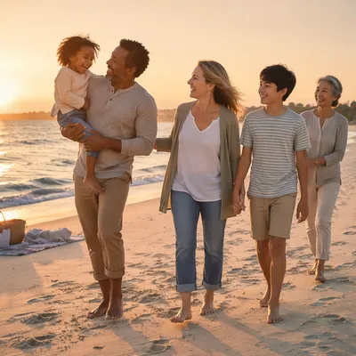 Multigenerational Family Walking on Beach at Sunset