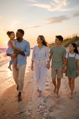 Blended Family Walking on Beach at Sunset