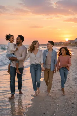 Blended Family Walking on Beach at Sunset