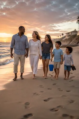 Family Walking Along Beach at Sunset