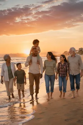 Multigenerational Family Walking on Beach at Sunset