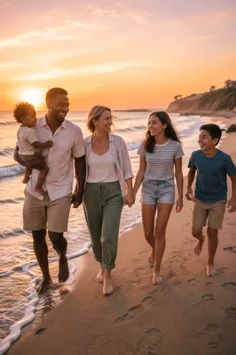 Multigenerational Family Walking on Beach at Sunset