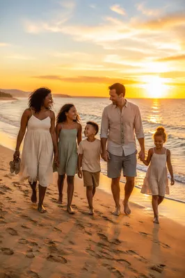 Family Walking on Beach at Sunset