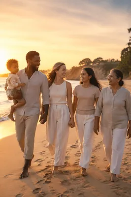 Multigenerational Family Walking on Beach at Sunset