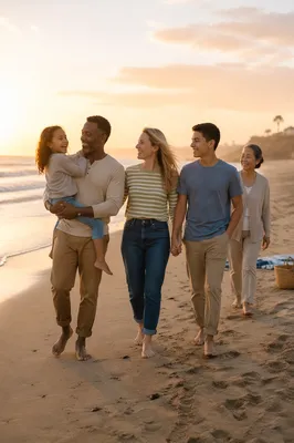 Blended Family Walking on Beach at Sunset